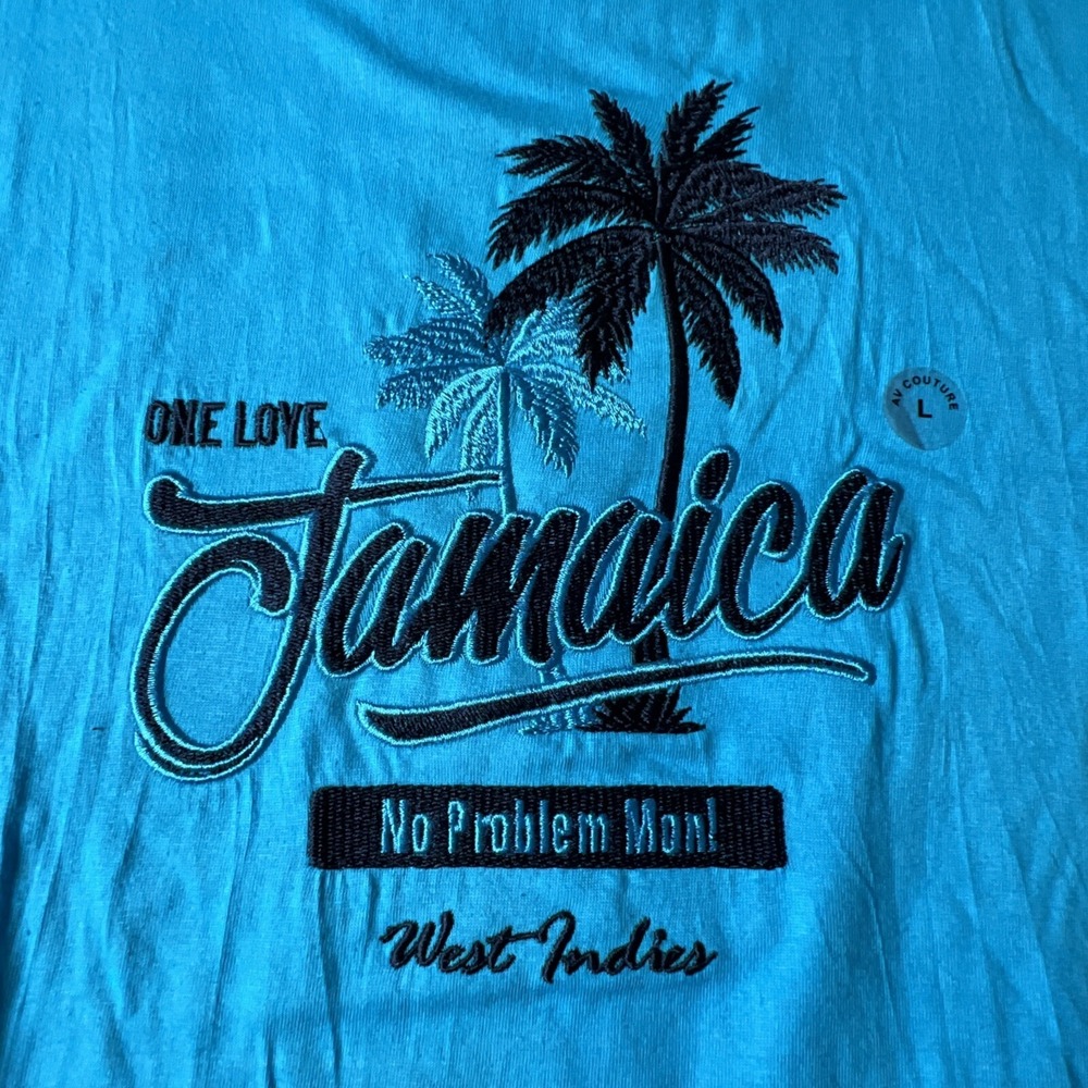 Jamaica T Shirt Size Large Blue Full Embroidered Front AV Couture NWT Unisex